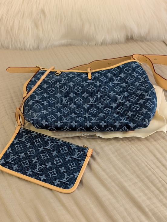 Handbags - Fashion Denim Monogram Shoulder Bag in Blue with Tan Trim